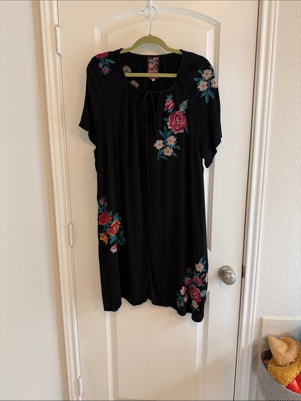 Johnny Was Black Midi Dress with Pink and Teal Floral Embroidery